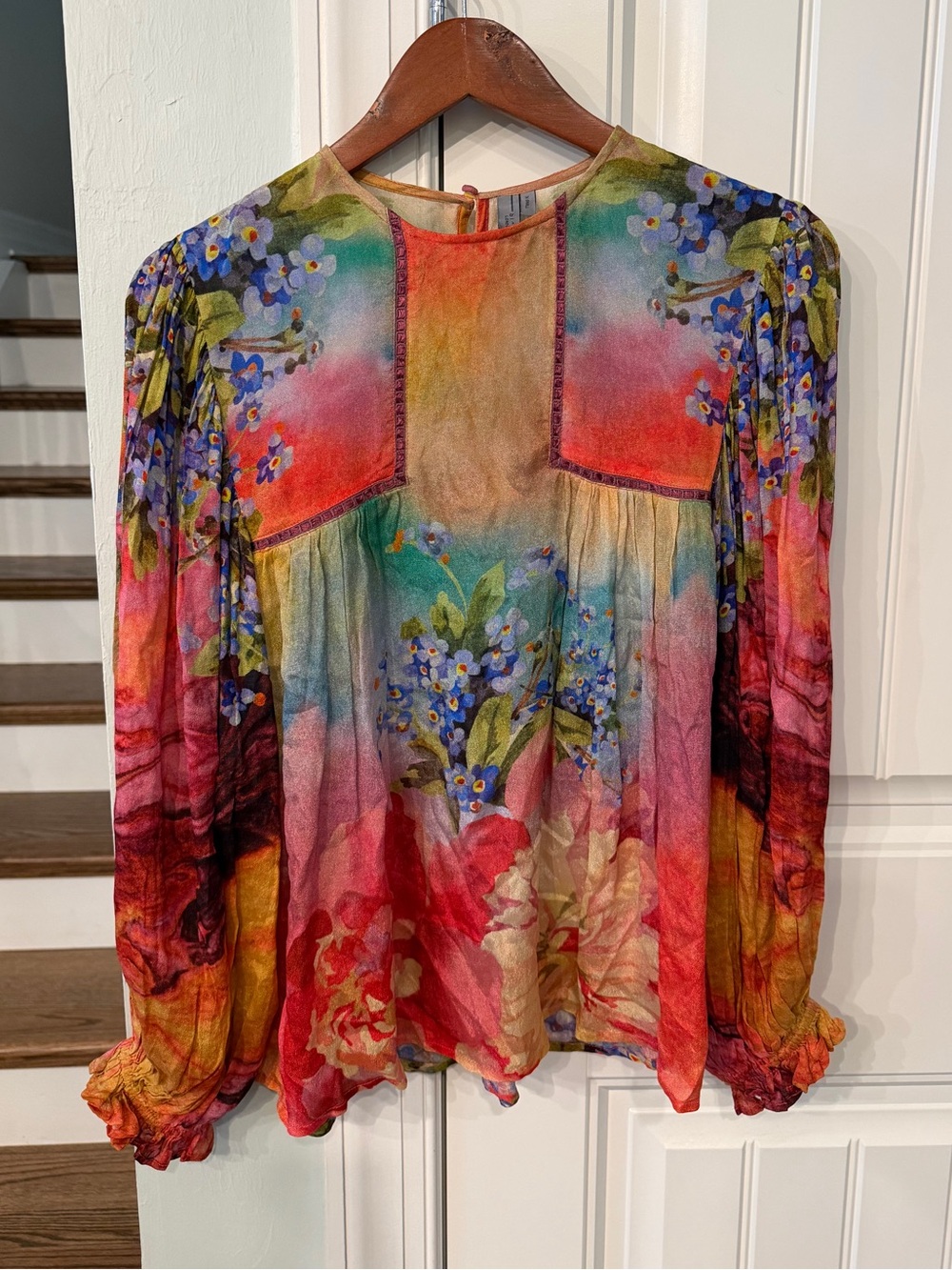 Blank London Boho Floral Watercolor Blouse XS 100% Viscose Peasant Top